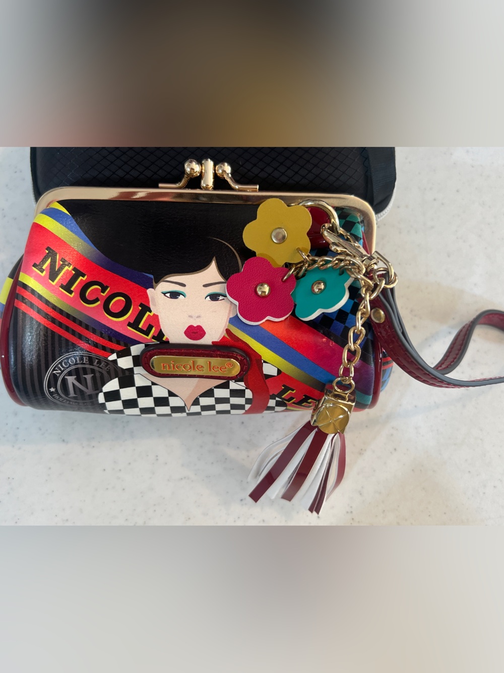 Nicole Lee Multicolor Graphic Wristlet Purse with Tassel Charm